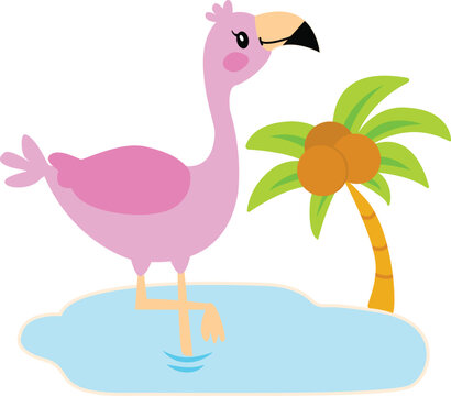 A cute pink flamingo stands on one leg in the ocean. Vector image  palm tree with coconuts. Kawaii style. Simple flat pozitive image Сhildren's design worksheets. Wild Animals collection. Safari party