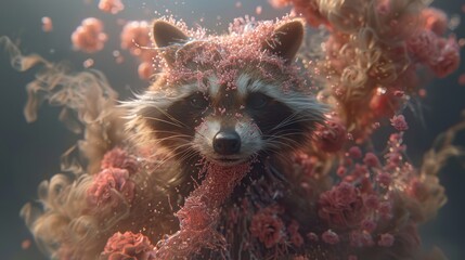   A tight shot of a raccoon in a body of water among corals and various marine organisms