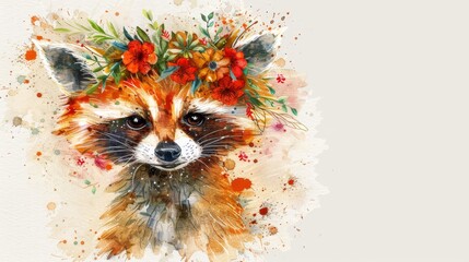  Red fox with floral crown, gazing to the side - obrazy, fototapety, plakaty