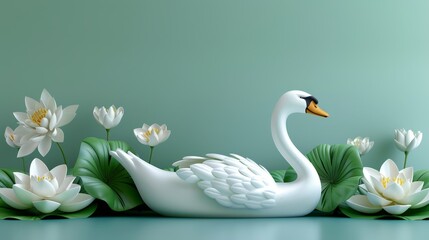 Obraz premium A white swan floats atop tranquil water, encompassed by water lilies Green foliage frames the scene in the background
