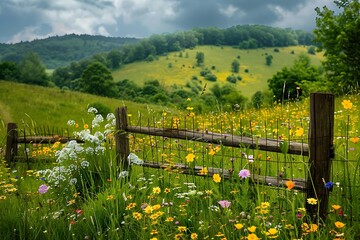 A lush countryside meadow with rolling hills, wildflowers, and a rustic wooden fence