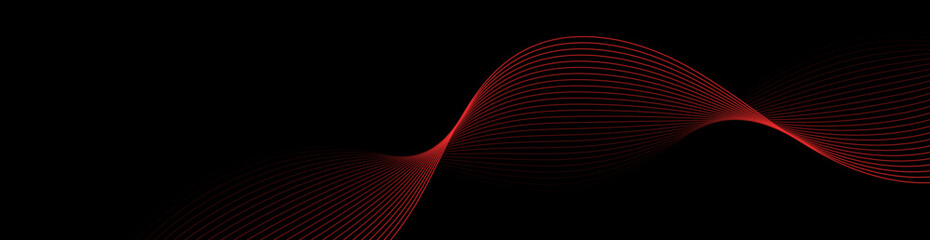 Abstract background with waves for banner. Web banner size. Vector background with lines. Element for design isolated on black. Black and red gradient. Night, dark, love, romantic