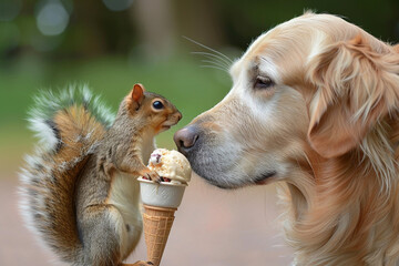 A Golden Retriever sharing an ice cream cone with a squirrel.
