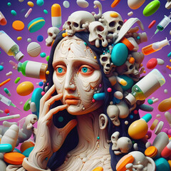 surreal woman's face surrounded by pills - 791969817