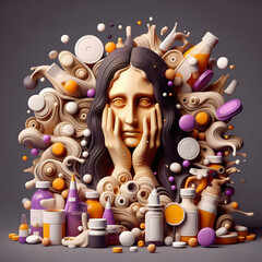 surreal woman's face surrounded by pills - 791969836