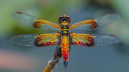 The vibrant colors and patterns of a dragonflya??s wings as it perches on a reed by a pond, using macro photography to capture the texture and detail