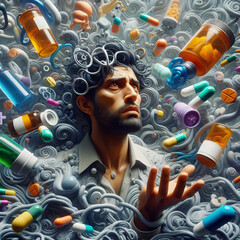 surreal man's face surrounded by pills - 791969867