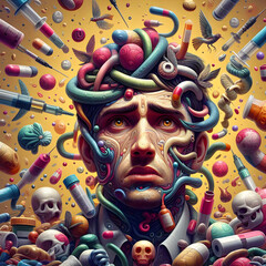 surreal man's face surrounded by pills - 791969868
