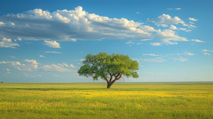   A solitary tree stands in the heart of a verdant field, framed by a clear blue sky speckled with fluffy white clouds