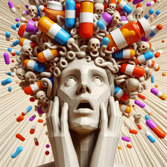 surreal man's face surrounded by pills - 791969893