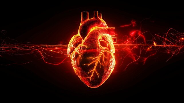 Stylized Red Heart and Cardiogram Pulse on Black Background Generative AI