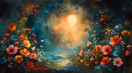 Mystical Garden Symphony: Oil Painting of Fairies and Creatures Among Flowers - obrazy, fototapety, plakaty