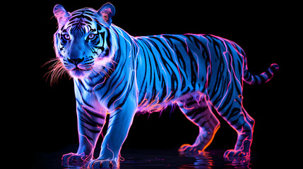 White Tiger Animal Plexus Neon Black Background Digital Desktop Wallpaper HD 4k Network Light Glowing Laser Motion Bright Abstract	