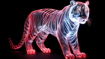 White Tiger Animal Plexus Neon Black Background Digital Desktop Wallpaper HD 4k Network Light Glowing Laser Motion Bright Abstract	