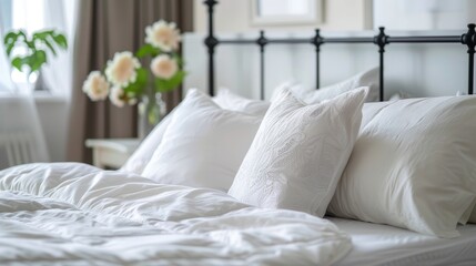 Fototapeta na wymiar Cozy Bedroom with Plush Bed and Soft Bedding Generative AI