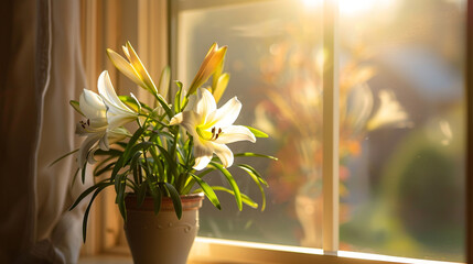potted Easter Lily plant gracing a sunlit window sill, its graceful blooms casting a soft glow as...
