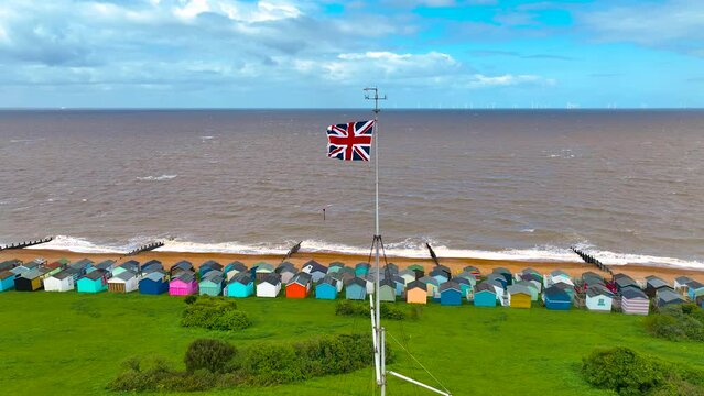 Aerial view of Union Jack in Whitstable, a town  on the north coast of Kent in Britain, UK