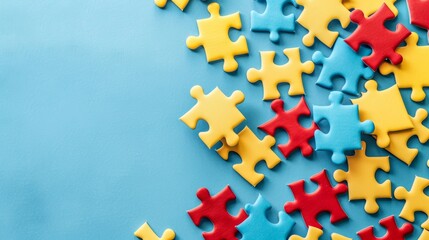 Colorful Puzzle Pieces on Light Blue Background Generative AI