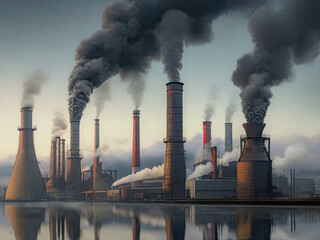 Thick dark smoke pours out of the factory chimney. Ecological problems - obrazy, fototapety, plakaty