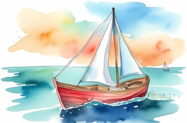Fototapeta premium Drawing of a ship sailing on the sea, done in watercolor style, isolated multicolored background, beautiful postcard