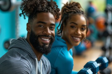 Witness a smiling athletic couple at the gym, exercising together with hand weights in a lunge position. Their enthusiasm for physical activity and shared wellness goals shines through - obrazy, fototapety, plakaty