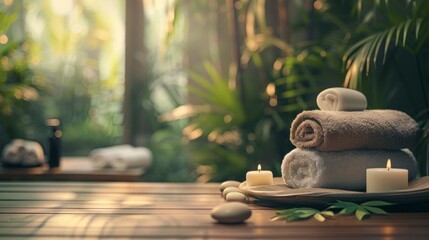 Copy space spa background, candles, towels and stones on a background of tropical plants and a...