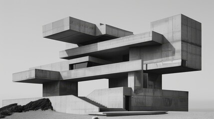   A monochrome image of a structure with staircase-like features ascending to its peak
