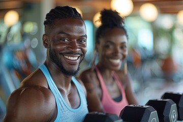 Witness a smiling athletic couple at the gym, exercising together with hand weights in a lunge position. Their enthusiasm for physical activity and shared wellness goals shines through - obrazy, fototapety, plakaty