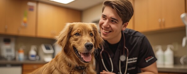 Male vet smiling with a golden retriever