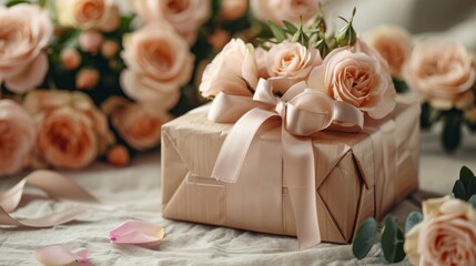 Elegant Gift Box with Satin Ribbon and Pastel Roses on Table Generative AI