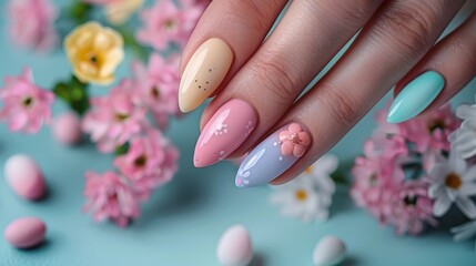 Elegant Easter Pastel Nail Art on Almond-Shaped Nails Generative AI - obrazy, fototapety, plakaty