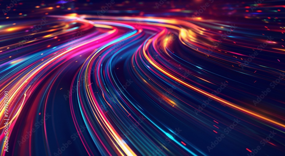 Poster abstract background with colorful glowing lines, dark black gradient background