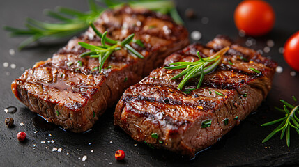 Two portions of lean trimmed grilled beef steak