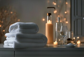 Fototapeta na wymiar glass bottle bathroom table blurred background white folded towels space White copy