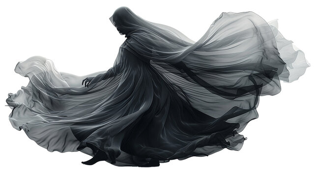Phantom-like dress billowing in the absence of figures, isolated on transparent background.PNG File. 