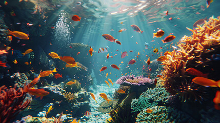 Fototapeta na wymiar Underwater landscape colourful fish swim in coral
