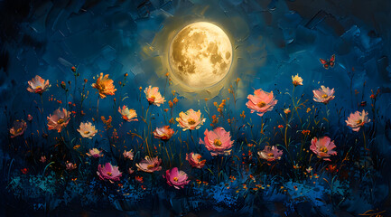 Moonlit Floral Sonata: Oil Painting of Bright Moon Casting Sharp Silhouettes in Night - obrazy, fototapety, plakaty