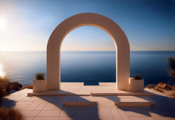 'minimal arch 3D light natural background sea render podium landscape day forms geometrical Scene view poduim three-dimensional abstract architecture beach beautiful blank'
