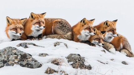 Obraz premium A red fox group atop a snow-dusted hill with nearby rocks and grass