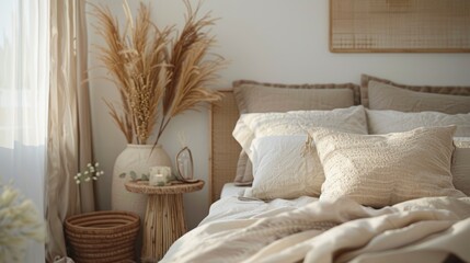 Fototapeta na wymiar Cozy Modern Bedroom with Beige Linen and Natural Accents Generative AI