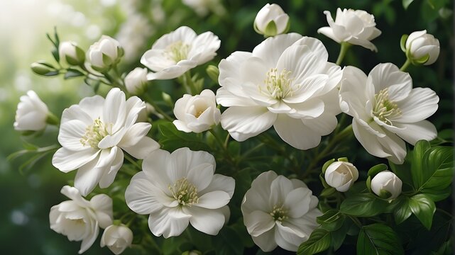 A photorealistic depiction of delicate white flowers set against a lush green background. The image should capture the intricate details of the flowers' petals, the vibrant greenery of the background,