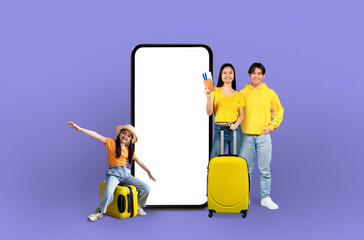 Asian family by a smartphone frame for travel apps
