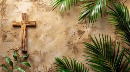Serene Palm Sunday Backdrop with Cross and Leaves Generative AI
