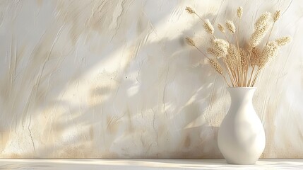  A white vase atop a table, near a wall, casts a shadow, hinting at a nearby plant