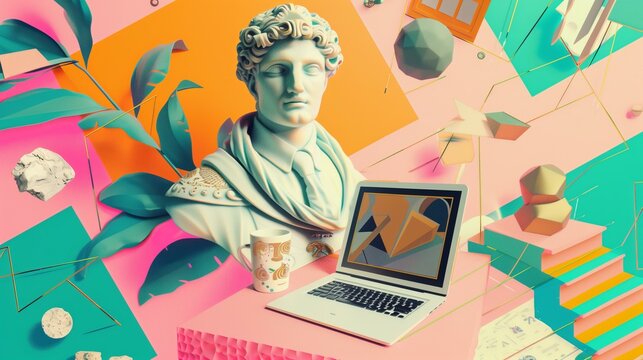 y2k illustration and photo collage with greek bust wearing a tie, laptop, coffee, colorful graffiti, geometric 3d shapes