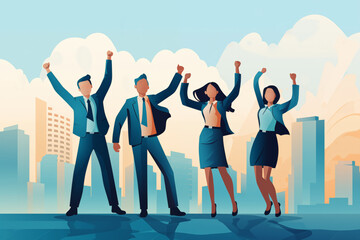 Business graphic vector modern style illustration of a business person in a workplace environment showing success celebrating a win contract raise job project pitch city finance law