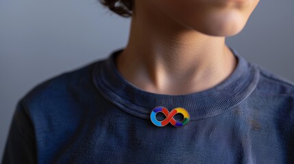 Autism Awareness Day: Teen with Rainbow Infinity Pin on T-Shirt Generative AI - obrazy, fototapety, plakaty