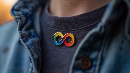 Autism Awareness Day: Teen with Rainbow Infinity Symbol Pin Generative AI - obrazy, fototapety, plakaty