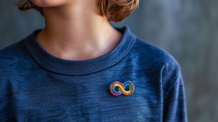 Autism Awareness Day: Teen with Rainbow Infinity Symbol Pin Generative AI - obrazy, fototapety, plakaty