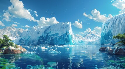 Craft a visual representation of global warming, depicting melting glaciers